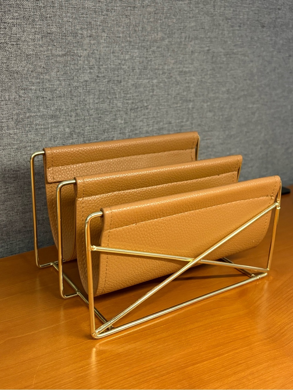 Tan Leather Napkin / Letter Holder with Gold Metal Frame